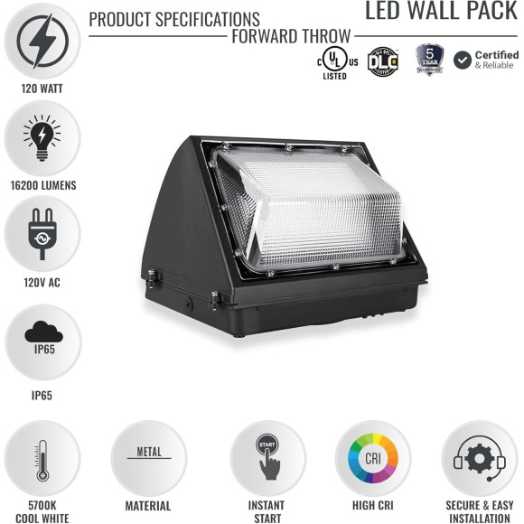 120W LED Wall Pack Light Fixtures, Commercial Security Lighting, 5700K Cool White, 16200 Lumens, IP65 Waterproof Outdoor Wall Mount Flood Lights for Roadways, Warehouses, Building