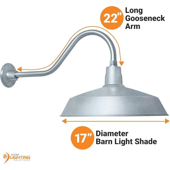 17in. Galvanized Finish Outdoor Gooseneck Barn Light Fixture With 22in. Long Extension Arm - Wall Sconce Farmhouse, Vintage, Antique Style - UL Listed - 9W 900lm A19 LED Bulb (5000K Cool White)