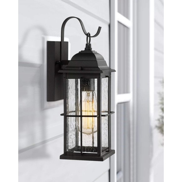 1-Light Outdoor Wall Sconce Lantern, 14 inch Exterior Light Fixtures Wall Mount in Black Finish with Seeded Glass Shade, 20071B1