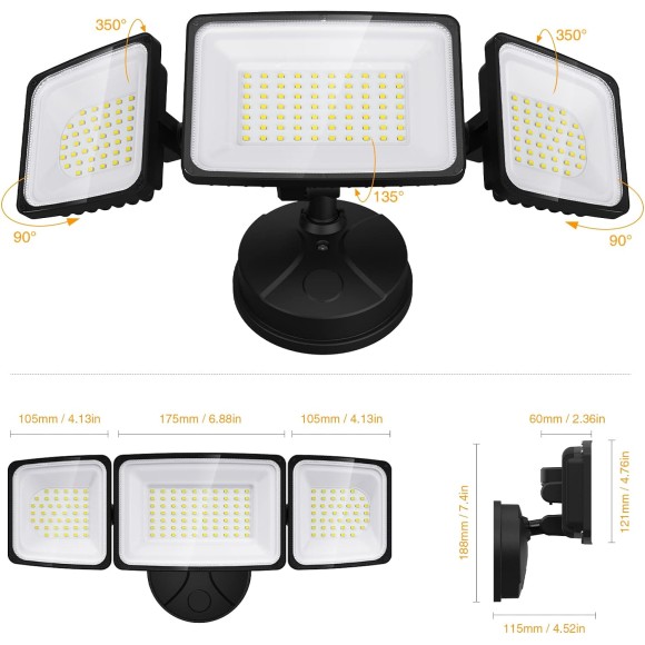 100W Flood Lights Outdoor, 2 Packs Outdoor Security Lights 9000LM, 6500K LED Outdoor Flood Light Fixture, 3 Adjustable Heads, IP65 Waterproof Exterior Flood Light for Yard,Garage,Eave Mount
