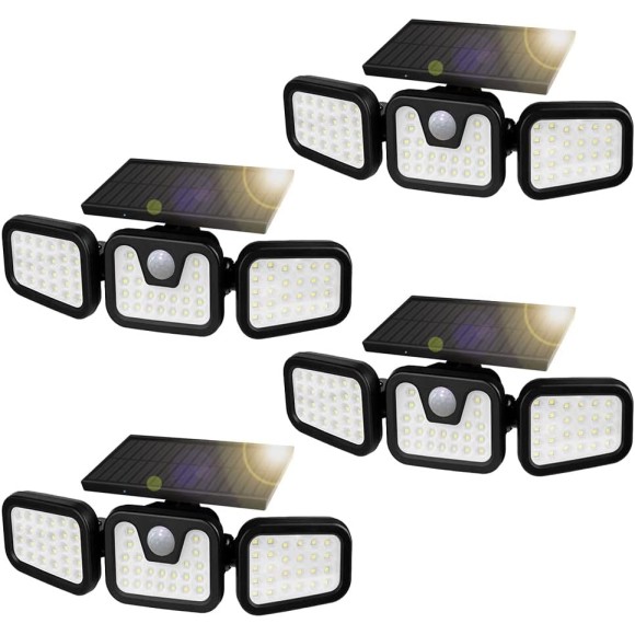 4PACK Solar Security Light Outdoor Solar Motion Sensor Light 500Lumen 74LED Solar Powered Security Flood Lighting with 3 Heads Wide Angle Illumination IP65 Waterproof for Outdoor Porch Yard Garage