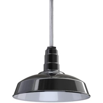 Carson Barn Light | Ceiling Mounted Pendant | 16 inch Dome | 12 inch Sloped Stem | Industrial Style Steel Light Made in America | Black Exterior/White Interior