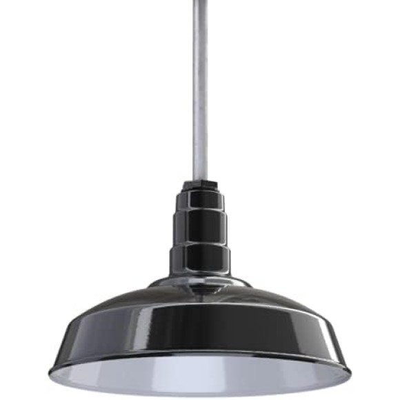 Carson Barn Light | Ceiling Mounted Pendant | 16 inch Dome | 12 inch Sloped Stem | Industrial Style Steel Light Made in America | Black Exterior/White Interior