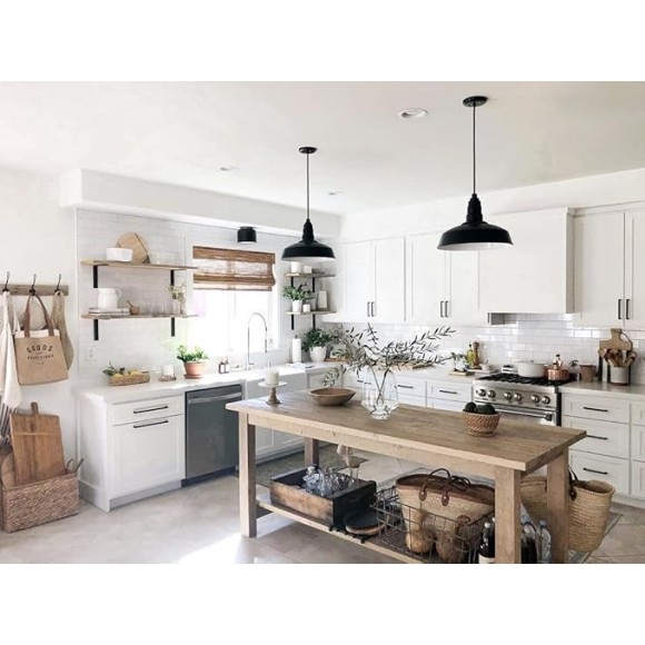 Carson Barn Light | Ceiling Mounted Pendant | 16 inch Dome | 12 inch Sloped Stem | Industrial Style Steel Light Made in America | Black Exterior/White Interior