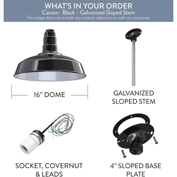 Carson Barn Light | Ceiling Mounted Pendant | 16 inch Dome | 12 inch Sloped Stem | Industrial Style Steel Light Made in America | Black Exterior/White Interior