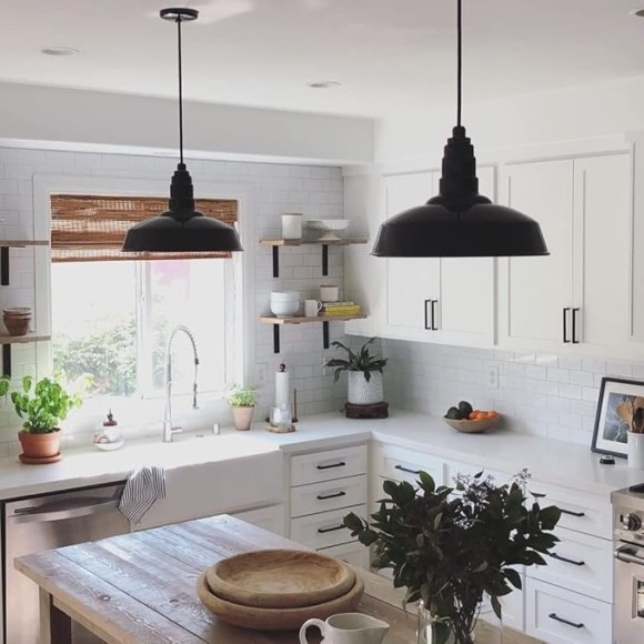 Carson Barn Light | Ceiling Mounted Pendant | 16 inch Dome | 12 inch Sloped Stem | Industrial Style Steel Light Made in America | Black Exterior/White Interior