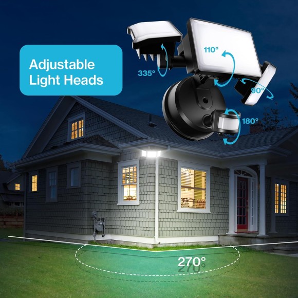 65W Motion Sensor Outdoor Lights, 6000lm Adjustable 3-Head LED Flood Lights Outdoor with Motion Detection, IP65 Waterproof Security Lights for Driveway, Garage, Porch, Yard Black