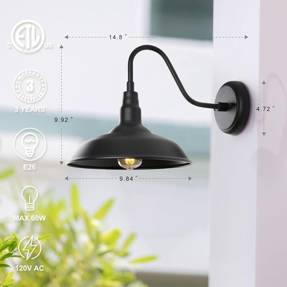 10in. Gooseneck Barn Light 4 Pack Farmhouse Wall Mount Light Fixture Exterior Waterproof Black Industrial Wall Sconce for Porch, Garage, Patio and Doorway, E26, LM2201-4P