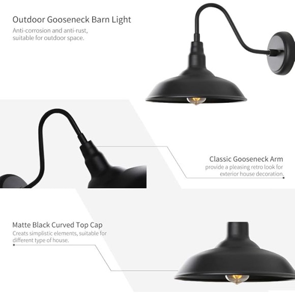10in. Gooseneck Barn Light 4 Pack Farmhouse Wall Mount Light Fixture Exterior Waterproof Black Industrial Wall Sconce for Porch, Garage, Patio and Doorway, E26, LM2201-4P