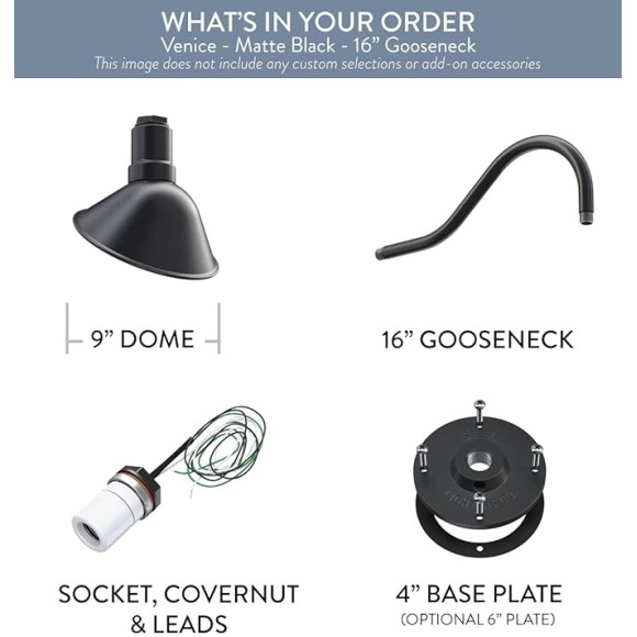 Venice Store Sign Light | for Outdoor Restaurant Accent Wall | 9 inch Dome | 16 inch Gooseneck | Made in America | Matte Black Exterior/Matte Black Interior