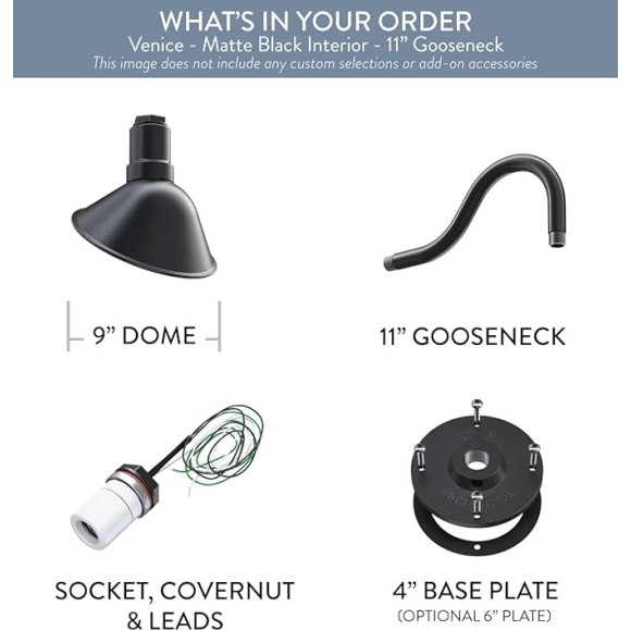 Venice Store Sign Light | for Outdoor Restaurant Accent Wall | 9 inch Dome | 11 inch Gooseneck | Made in America | Matte Black Exterior/Matte Black Interior