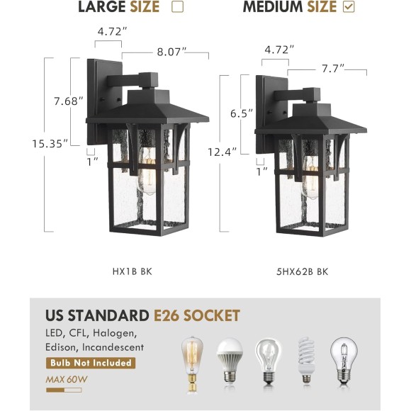 Outdoor Wall Light 2 Pack, Exterior Wall Sconce Light Fixtures with Seeded Glass, Farmhouse 1-Light Porch Light Waterproof for Patio Balcony Indoor, Matte Black, 5HX62B-2PK BK