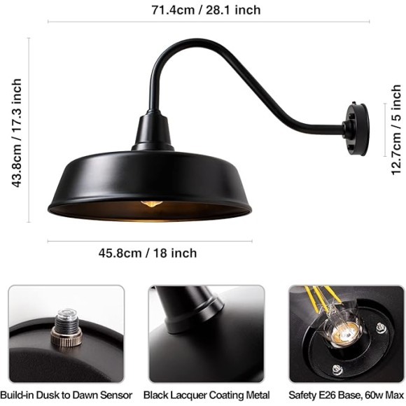 Barn Lights Outdoor Gooseneck Lighting, 18" Diameter Dusk to Dawn Exterior Lights for House, Farmhouse Lighting Fixtures with Photocell for Porch Garage (1, 18" Diameter)