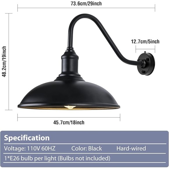 Dusk to Dawn Exterior Farmhouse Lighting 18&#34; Diameter Barn Light Fixture for House with Anti-ponding Bottom, Barn Gooseneck Lighting for Garage Patio Porch (18&#34; Diameter, 1 PC)