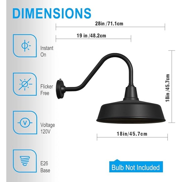 Large 18" Outdoor Gooseneck Barn Light - Rustic Barn Wall Sconce, Dusk to Dawn Exterior Light Fixture for Porch & House - 1-Pack