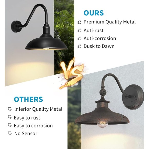 Outdoor Barn Light - 18 Inch Dusk to Dawn Large Exterior Fixture with Extended Arm Gooseneck Light - Waterproof and Rust Resistant for Farmhouse, Garage, Porch