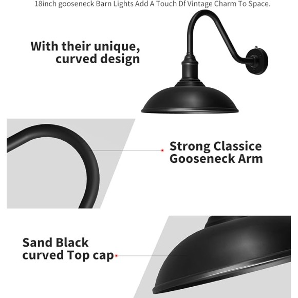 Outdoor Barn Light - 18 Inch Dusk to Dawn Large Exterior Fixture with Extended Arm Gooseneck Light - Waterproof and Rust Resistant for Farmhouse, Garage, Porch