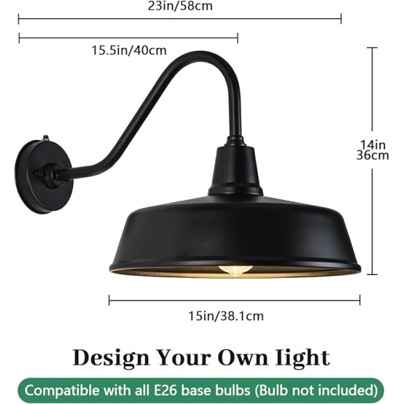 15 Inch Large Outdoor Gooseneck Barn Light from Dusk to Dawn, Classic Farmhouse Wall Mount Gooseneck Light - for Porch, House and Garage