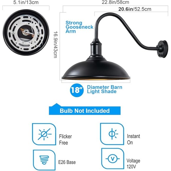 18" Large Barn Light with Gooseneck, Outdoor/Indoor Wall Mounted, Industrial Exteior Waterproof Light Fixture for Farm, Warehouse, Storefront, Sign Lighting