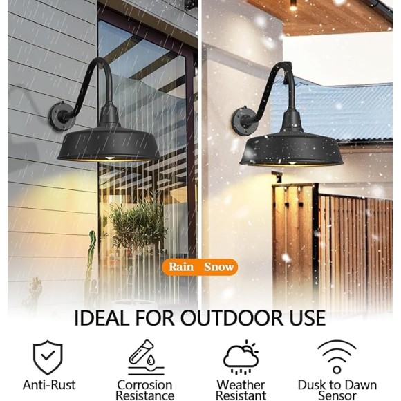 18 Inch Large Outdoor Barn Light Dusk to Dawn - with Extended Arm Galvanized + Painted Barn Gooseneck Light, for Farmhouse, Garage, Porch