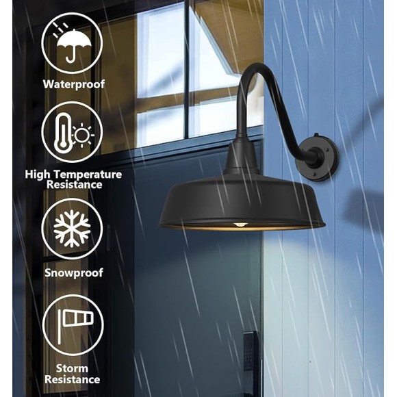 18 Inch Large Outdoor Barn Light Dusk to Dawn - with Extended Arm Galvanized + Painted Barn Gooseneck Light, for Farmhouse, Garage, Porch