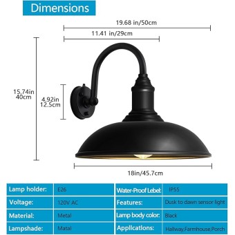 Large 18" Outdoor Barn Gooseneck Light Dusk to Dawn, Classic Farmhouse Barn Wall Sconce, Gooseneck Lighting for Porch, Garage
