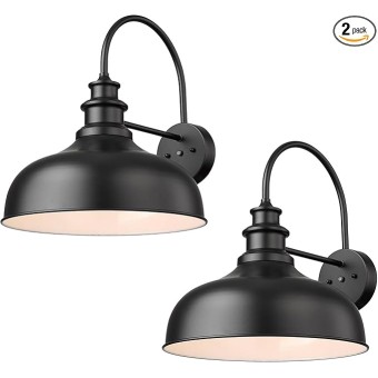 16”Large Dusk to Dawn Gooseneck Barn Lights Farmhouse Outdoor Wall Sconce Industrial Outdoor Wall Lights Exterior Wall Lighting Fixture (Black+White, 16” Dome-2Pack)
