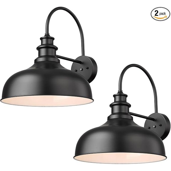 16”Large Dusk to Dawn Gooseneck Barn Lights Farmhouse Outdoor Wall Sconce Industrial Outdoor Wall Lights Exterior Wall Lighting Fixture (Black+White, 16” Dome-2Pack)