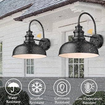 16”Large Dusk to Dawn Gooseneck Barn Lights Farmhouse Outdoor Wall Sconce Industrial Outdoor Wall Lights Exterior Wall Lighting Fixture (Black+White, 16” Dome-2Pack)