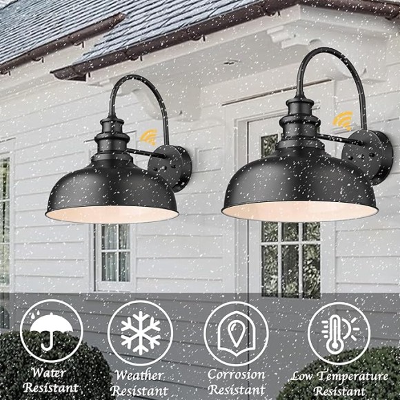 16”Large Dusk to Dawn Gooseneck Barn Lights Farmhouse Outdoor Wall Sconce Industrial Outdoor Wall Lights Exterior Wall Lighting Fixture (Black+White, 16” Dome-2Pack)