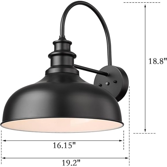 16”Large Dusk to Dawn Gooseneck Barn Lights Farmhouse Outdoor Wall Sconce Industrial Outdoor Wall Lights Exterior Wall Lighting Fixture (Black+White, 16” Dome-2Pack)