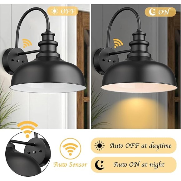 16”Large Dusk to Dawn Gooseneck Barn Lights Farmhouse Outdoor Wall Sconce Industrial Outdoor Wall Lights Exterior Wall Lighting Fixture (Black+White, 16” Dome-2Pack)