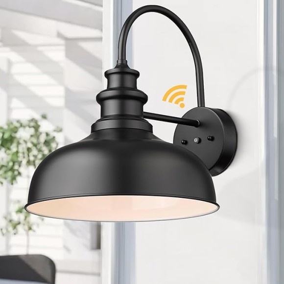16”Large Dusk to Dawn Gooseneck Barn Lights Farmhouse Outdoor Wall Sconce Industrial Outdoor Wall Lights Exterior Wall Lighting Fixture (Black+White, 16” Dome-2Pack)