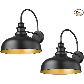Large Outdoor Farmhouse Barn Lights 16 Inch Dome Outdoor Wall Lantern Industrial Wall Sconces Exterior Gooseneck Mount Light,Vintage Outdoor Lighting Fixture (2Pack, Black+ Gold)