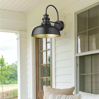 Large Outdoor Farmhouse Barn Lights 16 Inch Dome Outdoor Wall Lantern Industrial Wall Sconces Exterior Gooseneck Mount Light,Vintage Outdoor Lighting Fixture (2Pack, Black+ Gold)