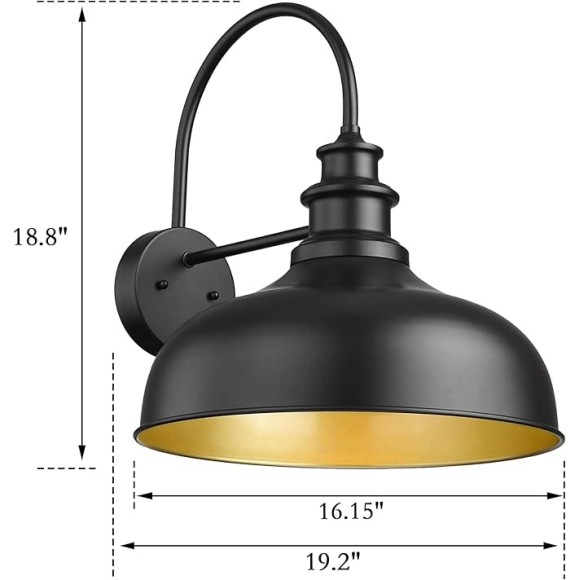 Large Outdoor Farmhouse Barn Lights 16 Inch Dome Outdoor Wall Lantern Industrial Wall Sconces Exterior Gooseneck Mount Light,Vintage Outdoor Lighting Fixture (2Pack, Black+ Gold)
