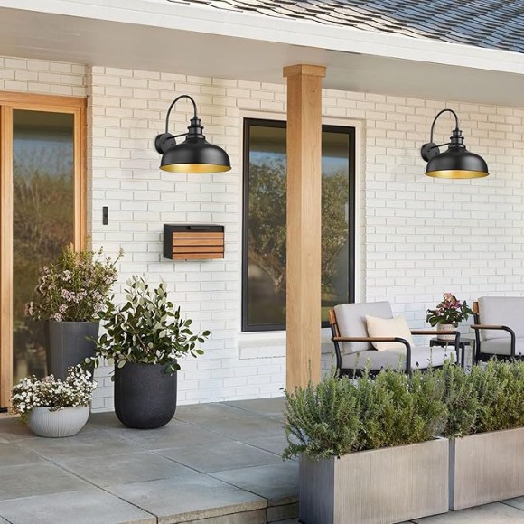 Large Outdoor Farmhouse Barn Lights 16 Inch Dome Outdoor Wall Lantern Industrial Wall Sconces Exterior Gooseneck Mount Light,Vintage Outdoor Lighting Fixture (2Pack, Black+ Gold)