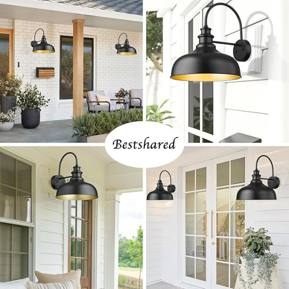 Large Outdoor Farmhouse Barn Lights 16 Inch Dome Outdoor Wall Lantern Industrial Wall Sconces Exterior Gooseneck Mount Light,Vintage Outdoor Lighting Fixture (2Pack, Black+ Gold)