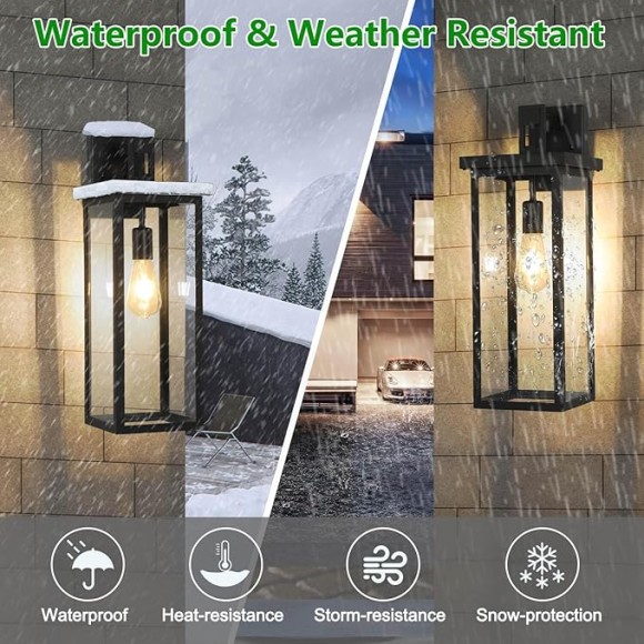2 Pack Large Size Outdoor Wall Lantern Exterior Wall Light Fixture, 20 in Matte Black Porch Light Waterproof Outdoor Lights for House with Clear Glass Shade, E26 Base Wall Sconces for Garage