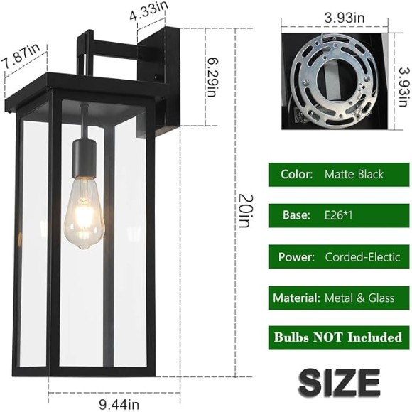 2 Pack Large Size Outdoor Wall Lantern Exterior Wall Light Fixture, 20 in Matte Black Porch Light Waterproof Outdoor Lights for House with Clear Glass Shade, E26 Base Wall Sconces for Garage