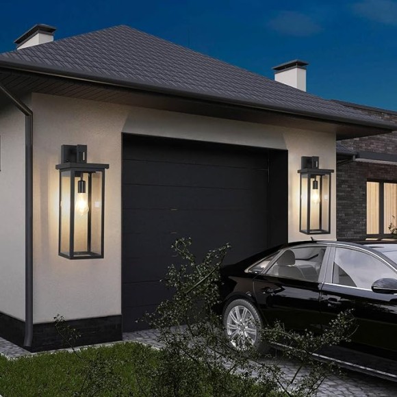 2 Pack Large Size Outdoor Wall Lantern Exterior Wall Light Fixture, 20 in Matte Black Porch Light Waterproof Outdoor Lights for House with Clear Glass Shade, E26 Base Wall Sconces for Garage