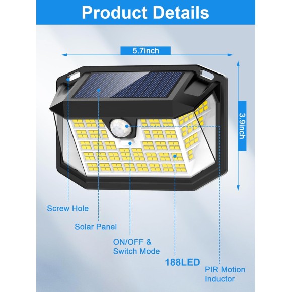 Solar Motion Lights Outdoor 6 Pack, 188 LED/3 Modes, Motion Sensor Outdoor Lights, IP65 Waterproof 270° Lighting, Solar Powered Security Flood Lights for Wall Patio Garage Fence(White)