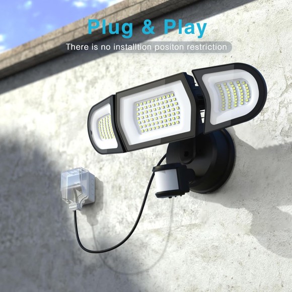 100W 9000LM LED Security Lights Motion Sensor Light Outdoor with Plug, Outdoor Light, 6500K, IP65 Waterproof, 3 Head Motion Detected Flood for Garage, Yard, Porch (Black)