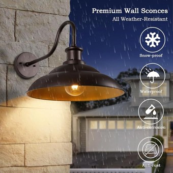 Outdoor Gooseneck Barn Light Fixtures, 16 Inch Dome Large Wall Sconces, Farmhouse Exterior Wall Mount Lights for House Garage Patio Doorway, Oil Rubbed Bronze, 2 Pack