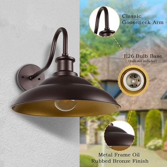 Outdoor Gooseneck Barn Light Fixtures, 16 Inch Dome Large Wall Sconces, Farmhouse Exterior Wall Mount Lights for House Garage Patio Doorway, Oil Rubbed Bronze, 2 Pack