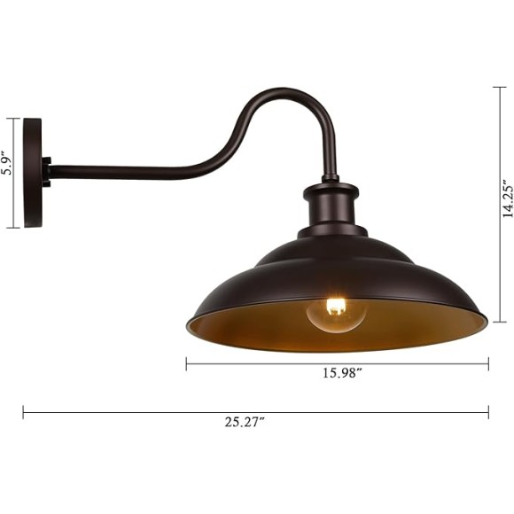 Outdoor Gooseneck Barn Light Fixtures, 16 Inch Dome Large Wall Sconces, Farmhouse Exterior Wall Mount Lights for House Garage Patio Doorway, Oil Rubbed Bronze, 2 Pack