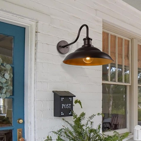 Outdoor Gooseneck Barn Light Fixtures, 16 Inch Dome Large Wall Sconces, Farmhouse Exterior Wall Mount Lights for House Garage Patio Doorway, Oil Rubbed Bronze, 2 Pack