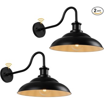 Dusk to Dawn Gooseneck Barn Light Outdoor, 16 Inch Farmhouse Wall Sconce, Vintage Exterior Wall Mount Lighting Fixture, Waterproof Black Lantern for Porch Garage