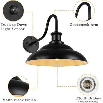 Dusk to Dawn Gooseneck Barn Light Outdoor, 16 Inch Farmhouse Wall Sconce, Vintage Exterior Wall Mount Lighting Fixture, Waterproof Black Lantern for Porch Garage