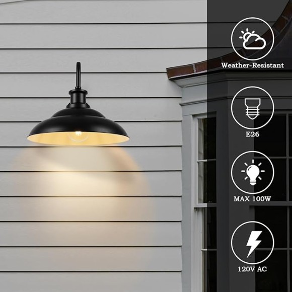 Dusk to Dawn Gooseneck Barn Light Outdoor, 16 Inch Farmhouse Wall Sconce, Vintage Exterior Wall Mount Lighting Fixture, Waterproof Black Lantern for Porch Garage